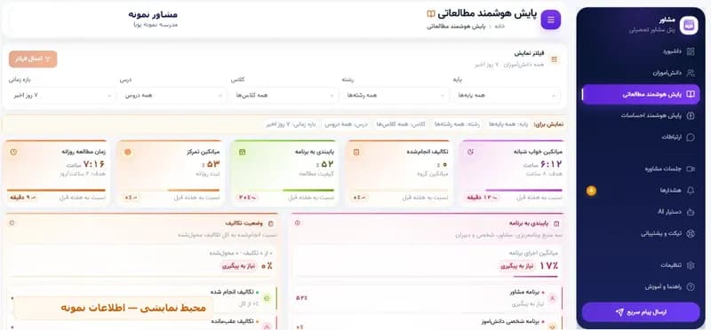 نمای پایش مطالعه و اجرای برنامه در پنل مشاور